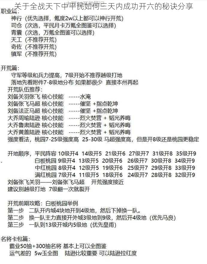 关于全战天下中平民如何三天内成功开六的秘诀分享